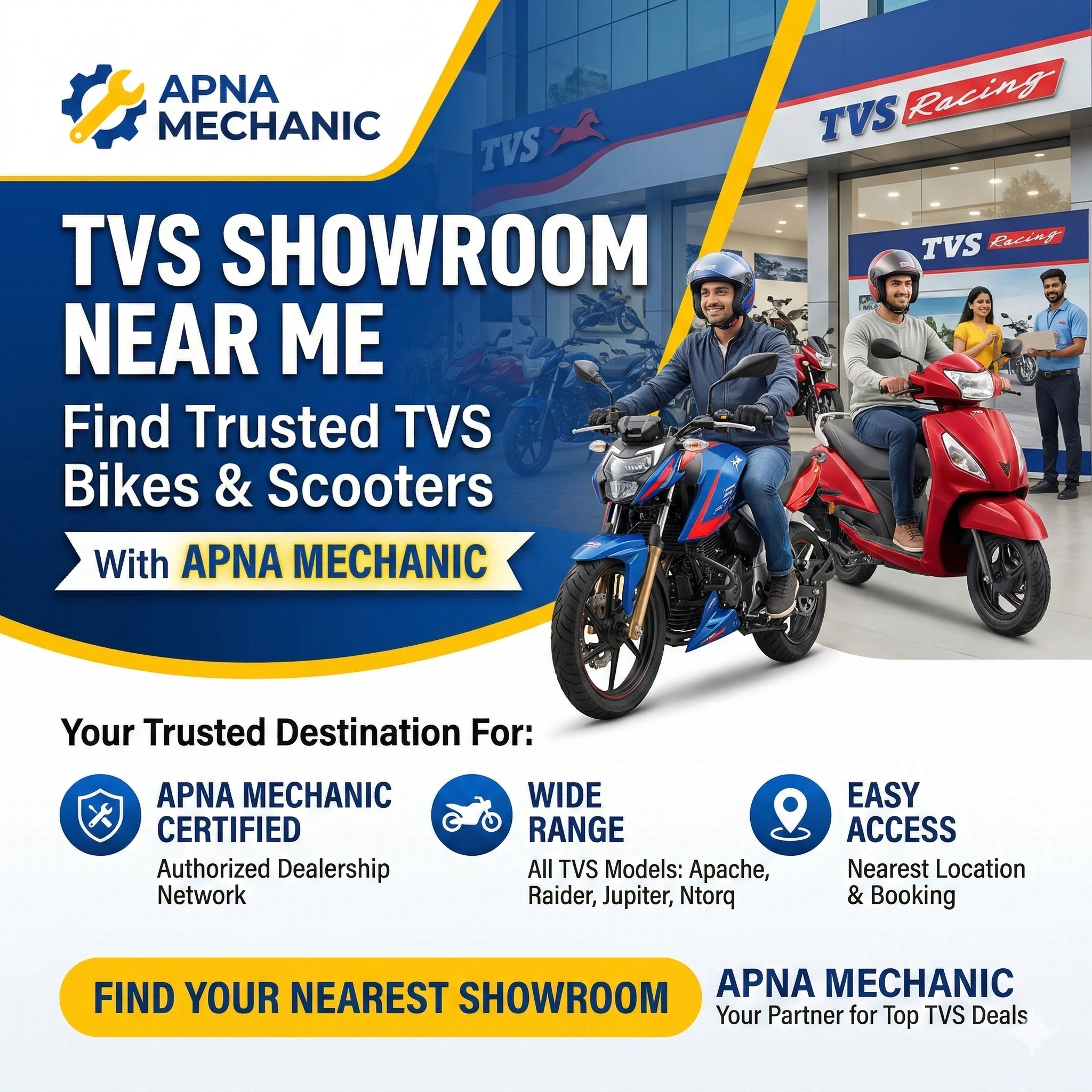 TVS Showroom Near Me – Find Trusted TVS Bikes & Scooters with Apna Mechanic