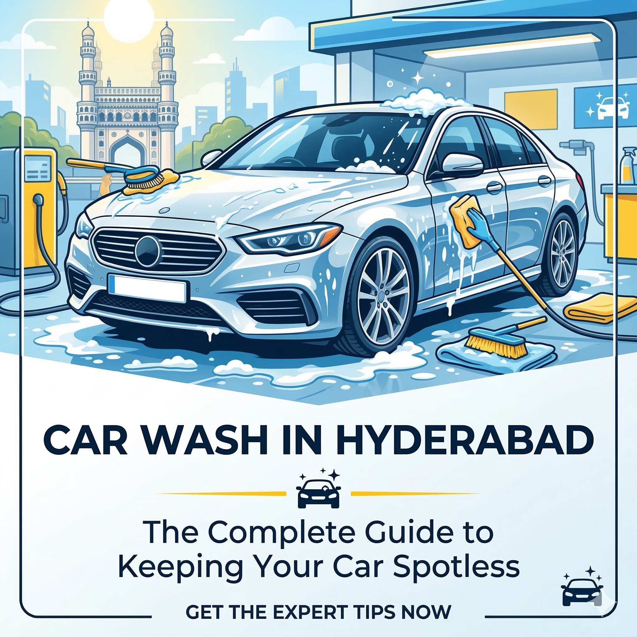 act like a professional graphic designer and make a banner  for this "Car Wash in Hyderabad – The Complete Guide to Keeping Your Car Spotless" and size should be 1050*1050 and dont use to much text in image make it simple and professioanl