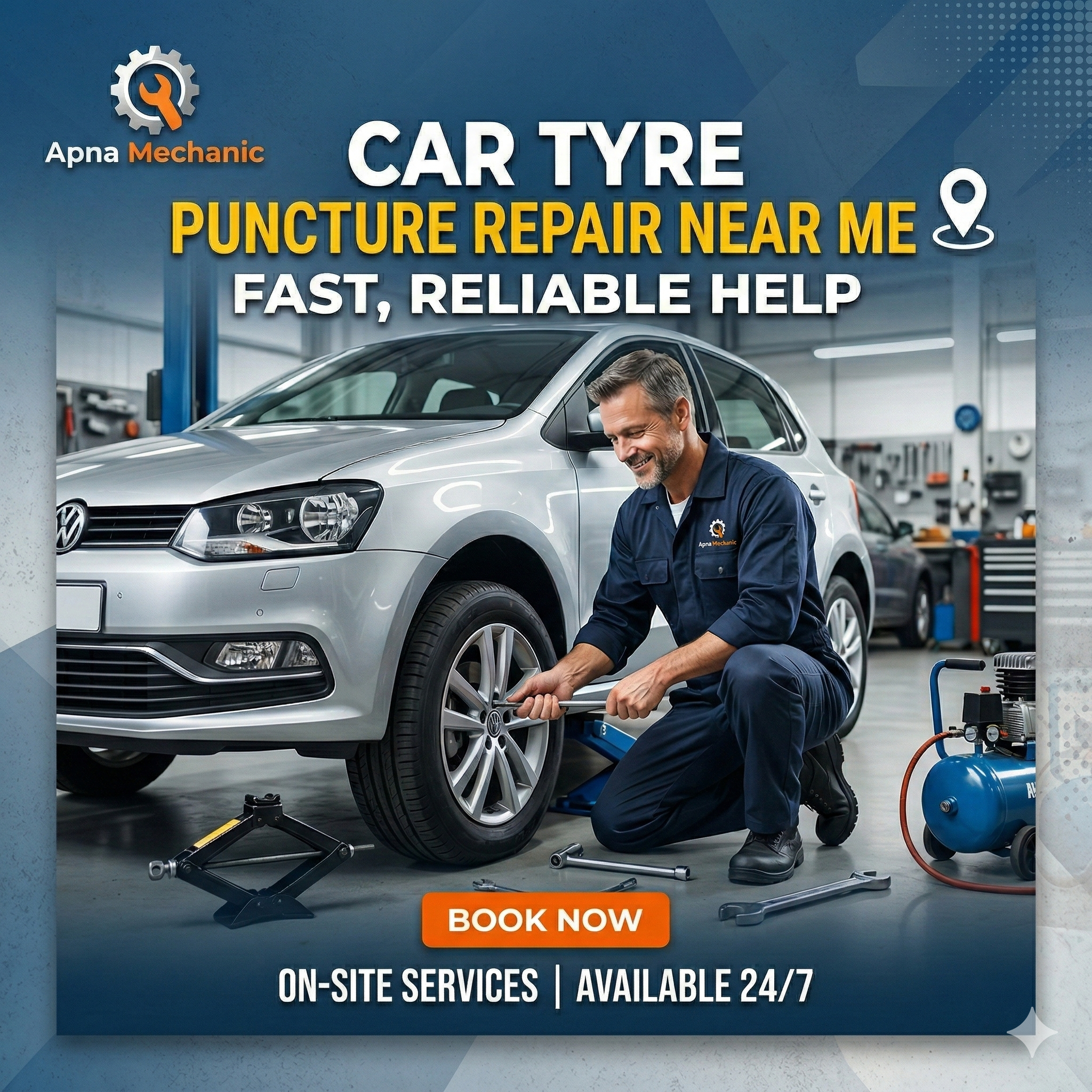 Car Tyre Puncture Repair Near Me – Fast, Reliable Help by Apna Mechanic
