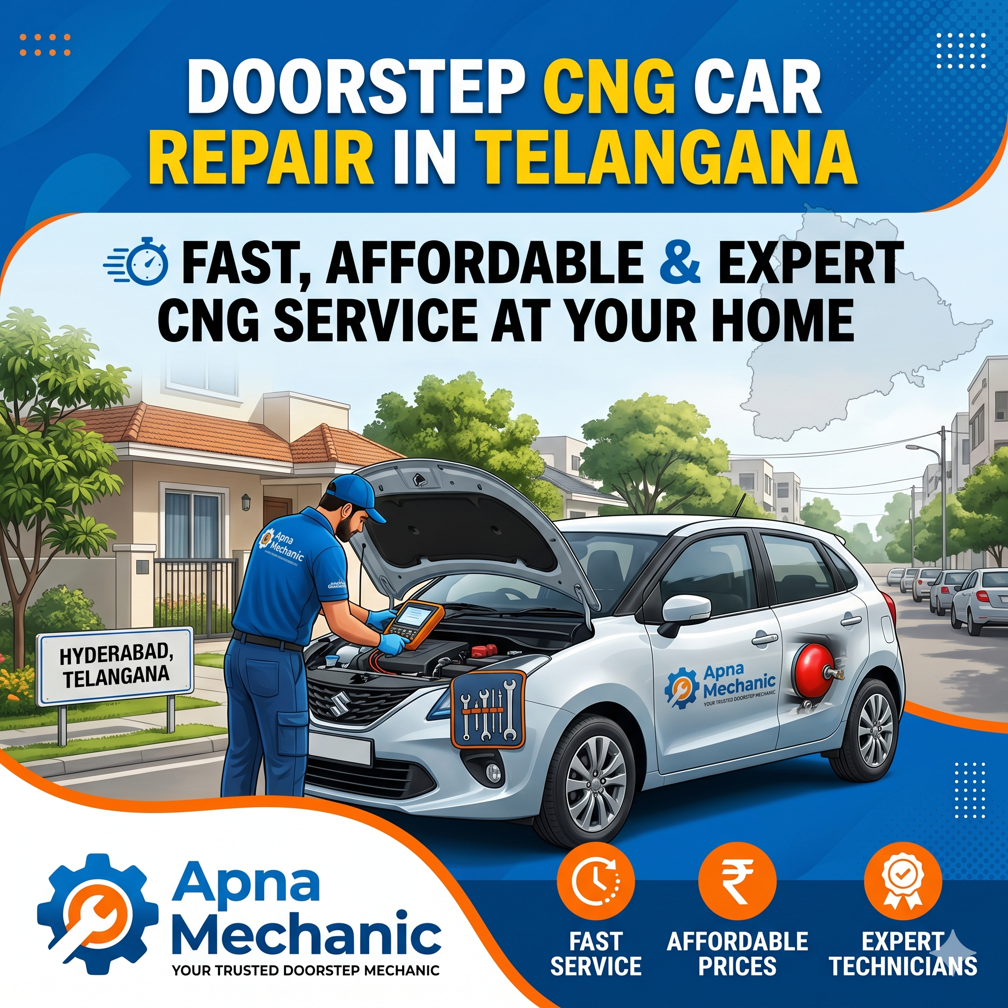 Doorstep CNG Car Repair in Telangana – Fast, Affordable & Expert CNG Service at Your Home with Apna Mechanic