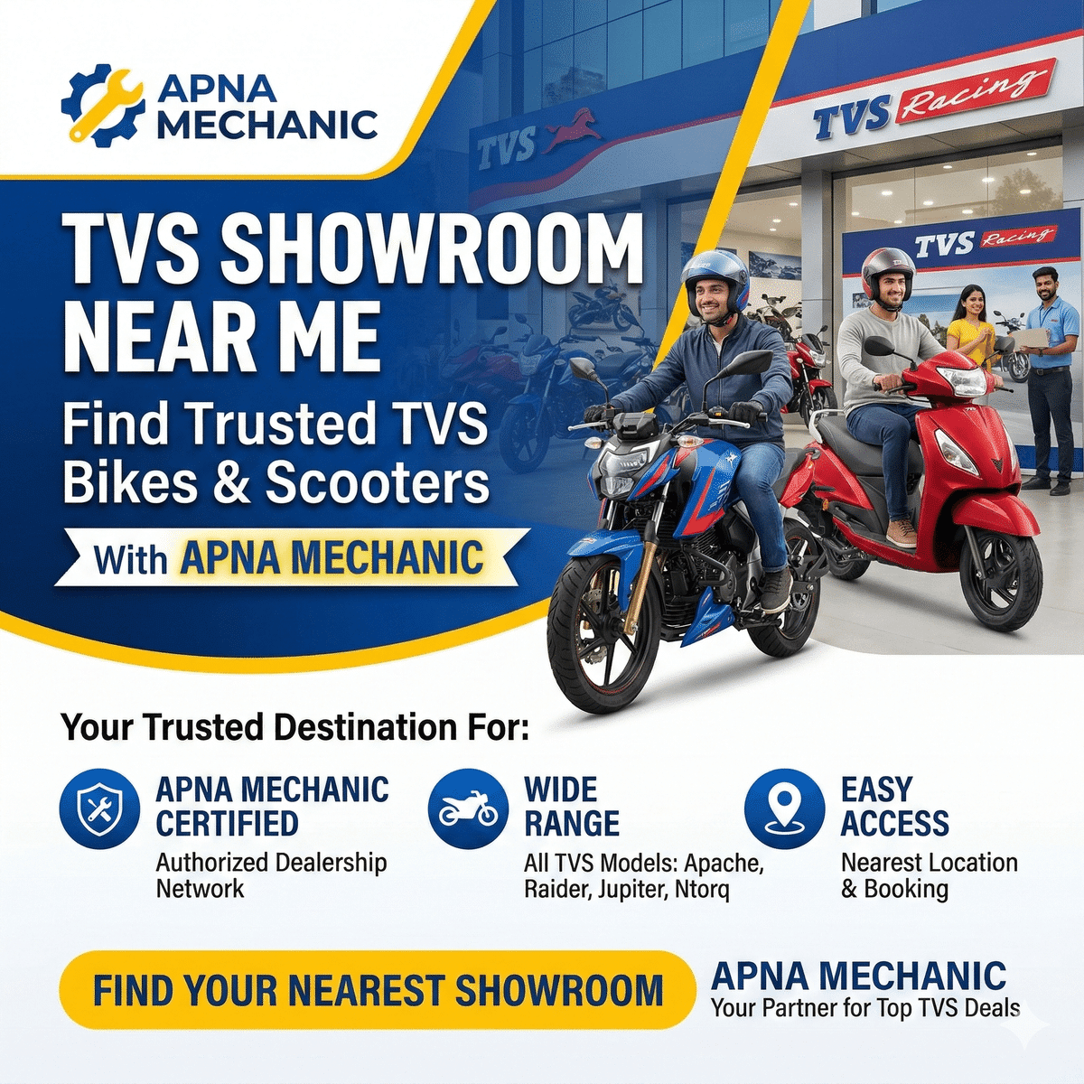 TVS Showroom Near Me – Find Trusted TVS Bikes &#038; Scooters with Apna Mechanic