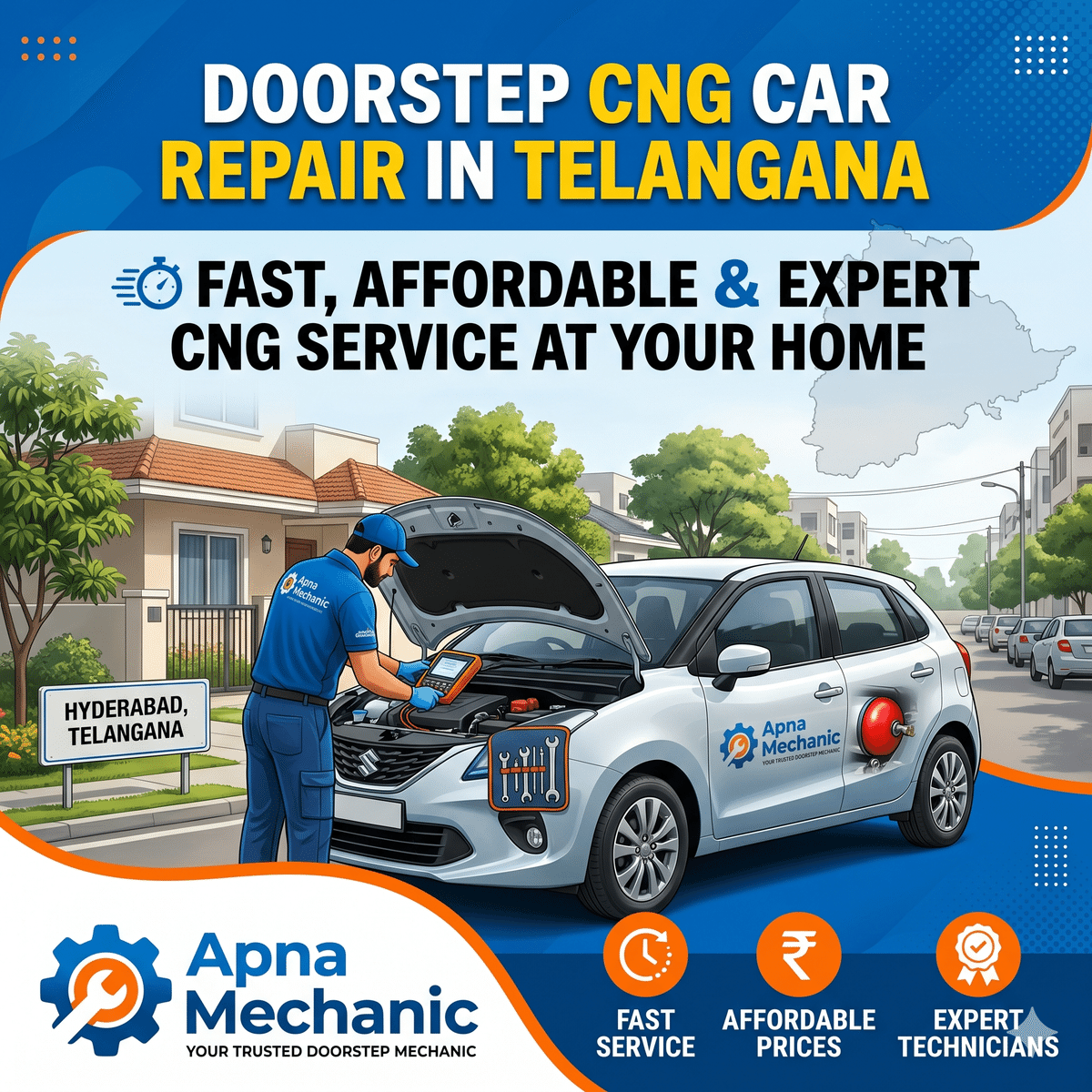 Doorstep CNG Car Repair in Telangana – Fast, Affordable &#038; Expert CNG Service at Your Home with Apna Mechanic